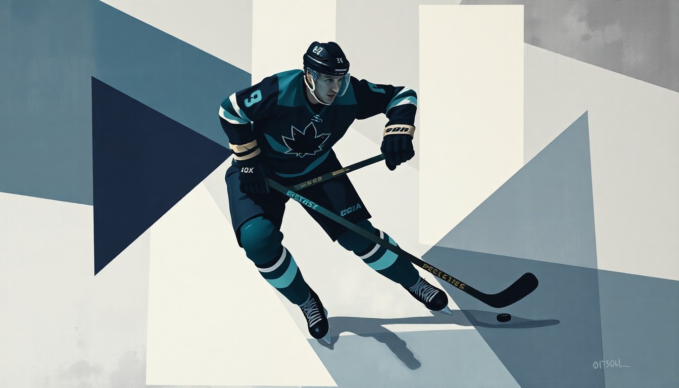 A cubist, geometric painting depicting a hockey player