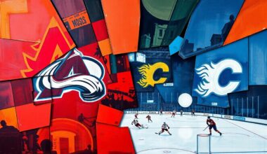 A cubist, geometric painting depicting the dynamic action of a hockey game, with players and the puck fragmented into sharp, overlapping shapes and planes of color.