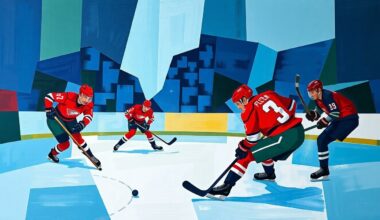 A fragmented, geometric painting in bold colors representing the action and movement of a hockey game, with the players and puck depicted as angular, overlapping shapes.
