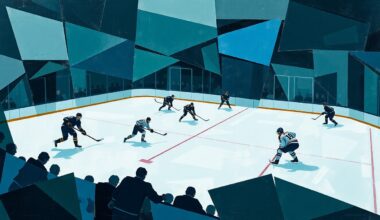 A cubist, geometric painting depicting a hockey game, with the players and ice reduced to angular, fragmented shapes in a palette of deep blues, greens, and grays.
