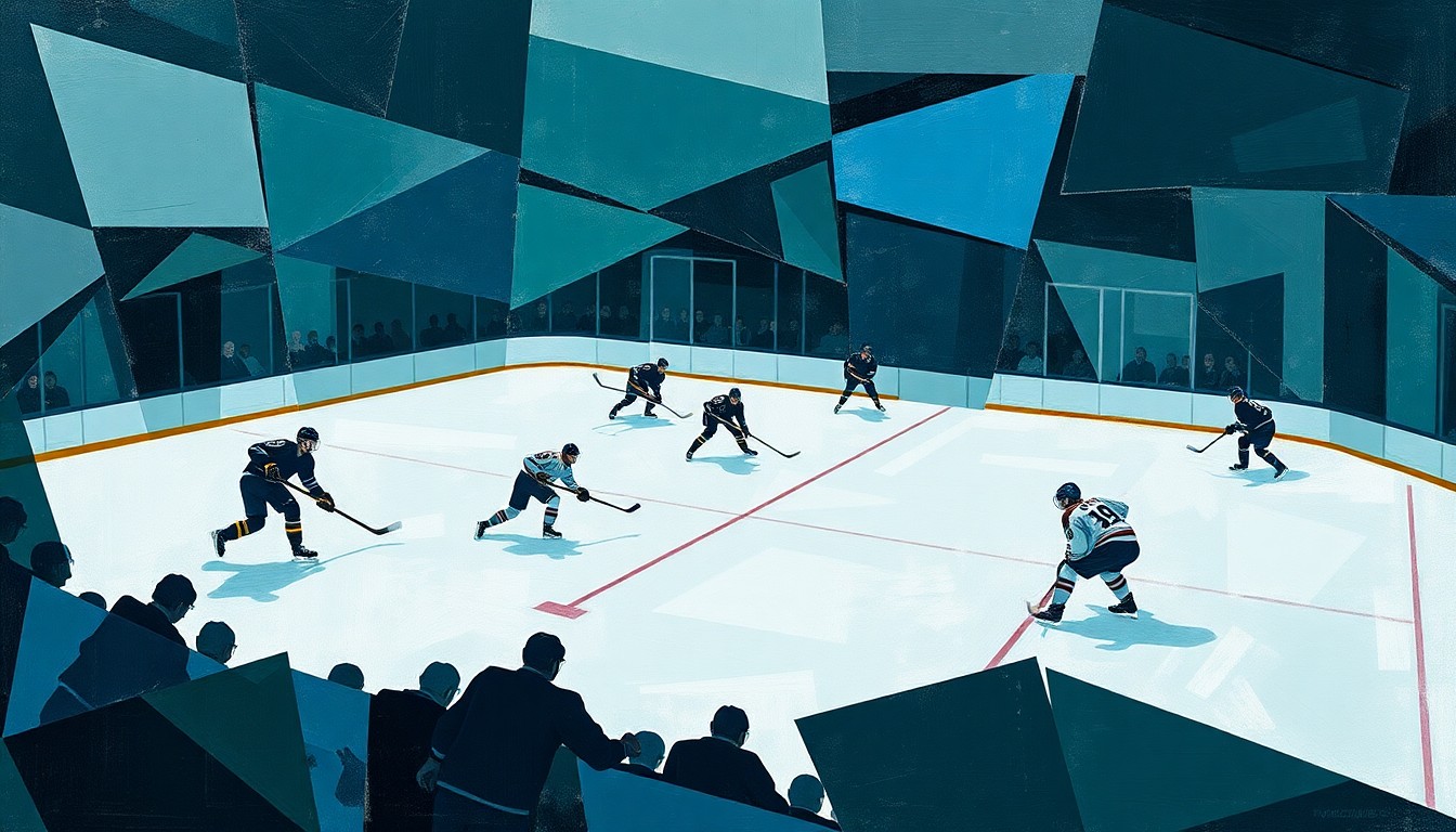 A cubist, geometric painting depicting a hockey game, with the players and ice reduced to angular, fragmented shapes in a palette of deep blues, greens, and grays.