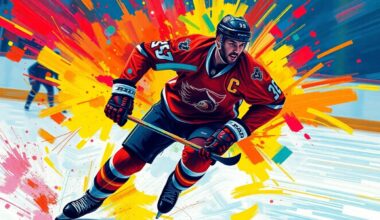 An abstract, energetic painting featuring bold brushstrokes and neon colors that capture the dynamic movement and emotion of a hockey player on the ice, with the player