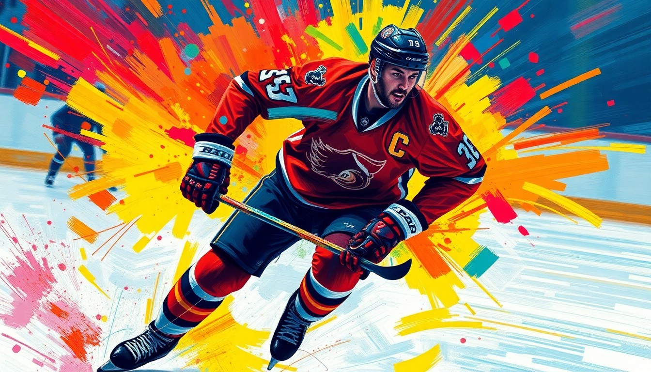 An abstract, energetic painting featuring bold brushstrokes and neon colors that capture the dynamic movement and emotion of a hockey player on the ice, with the player