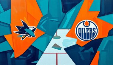 A cubist, geometric painting depicting a hockey game between the San Jose Sharks and Edmonton Oilers, with the players and action broken down into sharp, overlapping planes of teal, orange, and navy blue.