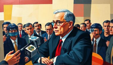 A cubist, geometric painting depicting a hockey coach speaking at a press conference, with his figure broken down into overlapping planes of color and shape.