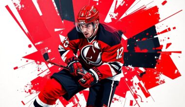 A cubist, geometric painting depicting a hockey player in mid-motion, with sharp, overlapping planes of red, black, and white colors representing the Devils