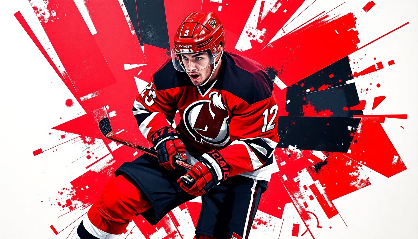 A cubist, geometric painting depicting a hockey player in mid-motion, with sharp, overlapping planes of red, black, and white colors representing the Devils