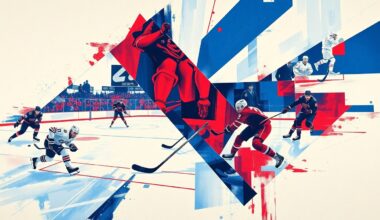 A cubist, geometric painting depicting a hockey player in motion, with sharp planes of color and overlapping perspectives conveying the dynamic energy of the sport.