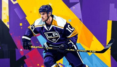 A cubist, geometric painting depicting a hockey player in motion, with sharp, overlapping planes of color representing the LA Kings