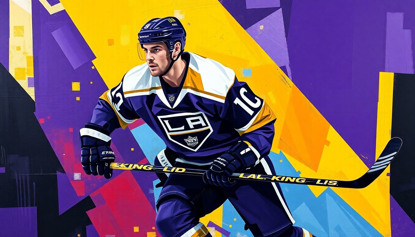 A cubist, geometric painting depicting a hockey player in motion, with sharp, overlapping planes of color representing the LA Kings