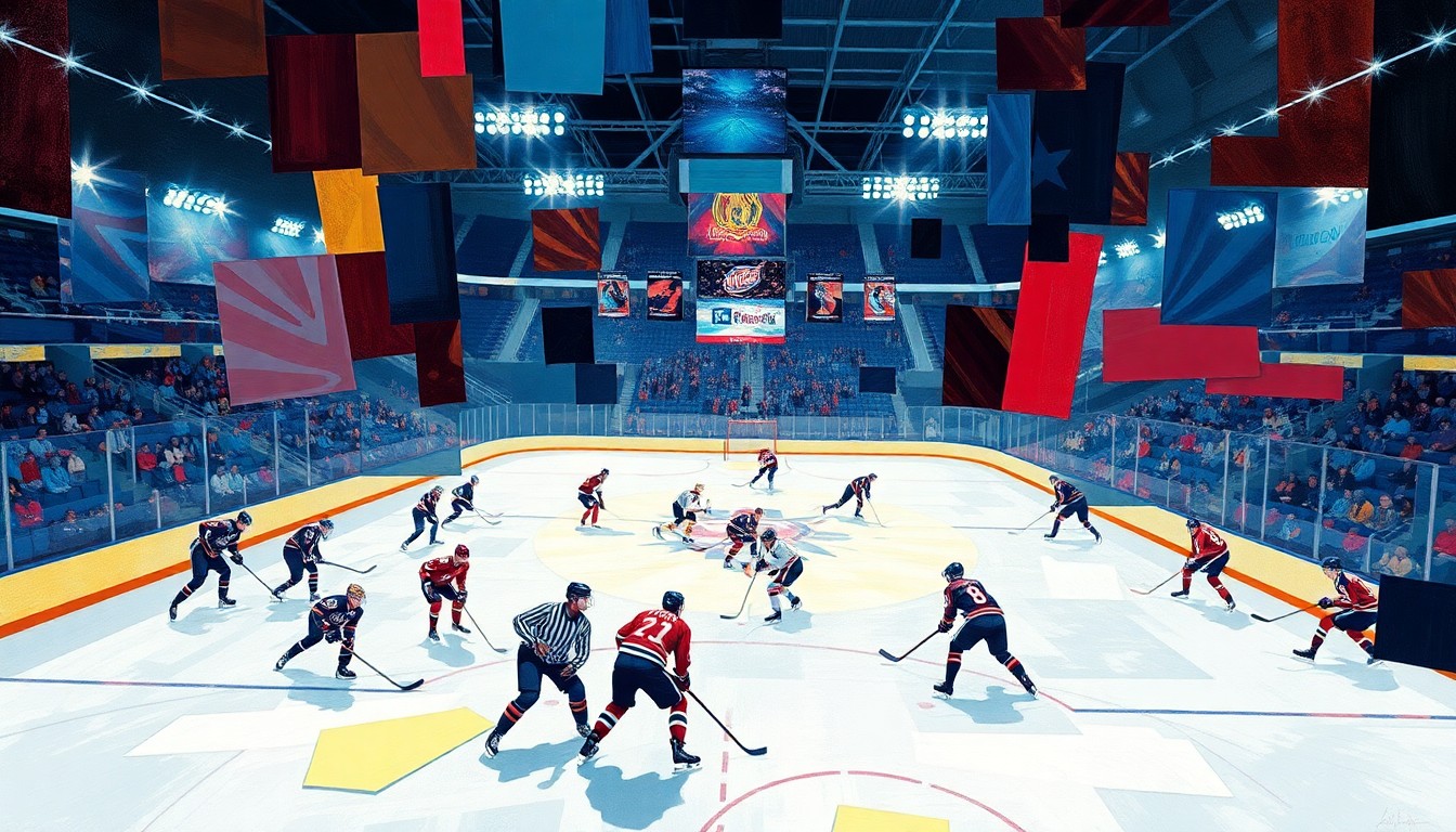 A cubist, geometric painting depicting the chaotic action of a high school hockey game, with fragmented views of players, sticks, and the ice rink rendered in vibrant colors.