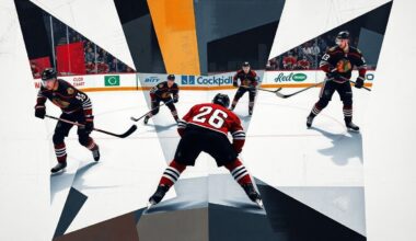A cubist, geometric painting depicting a Blackhawks power-play sequence, with the players