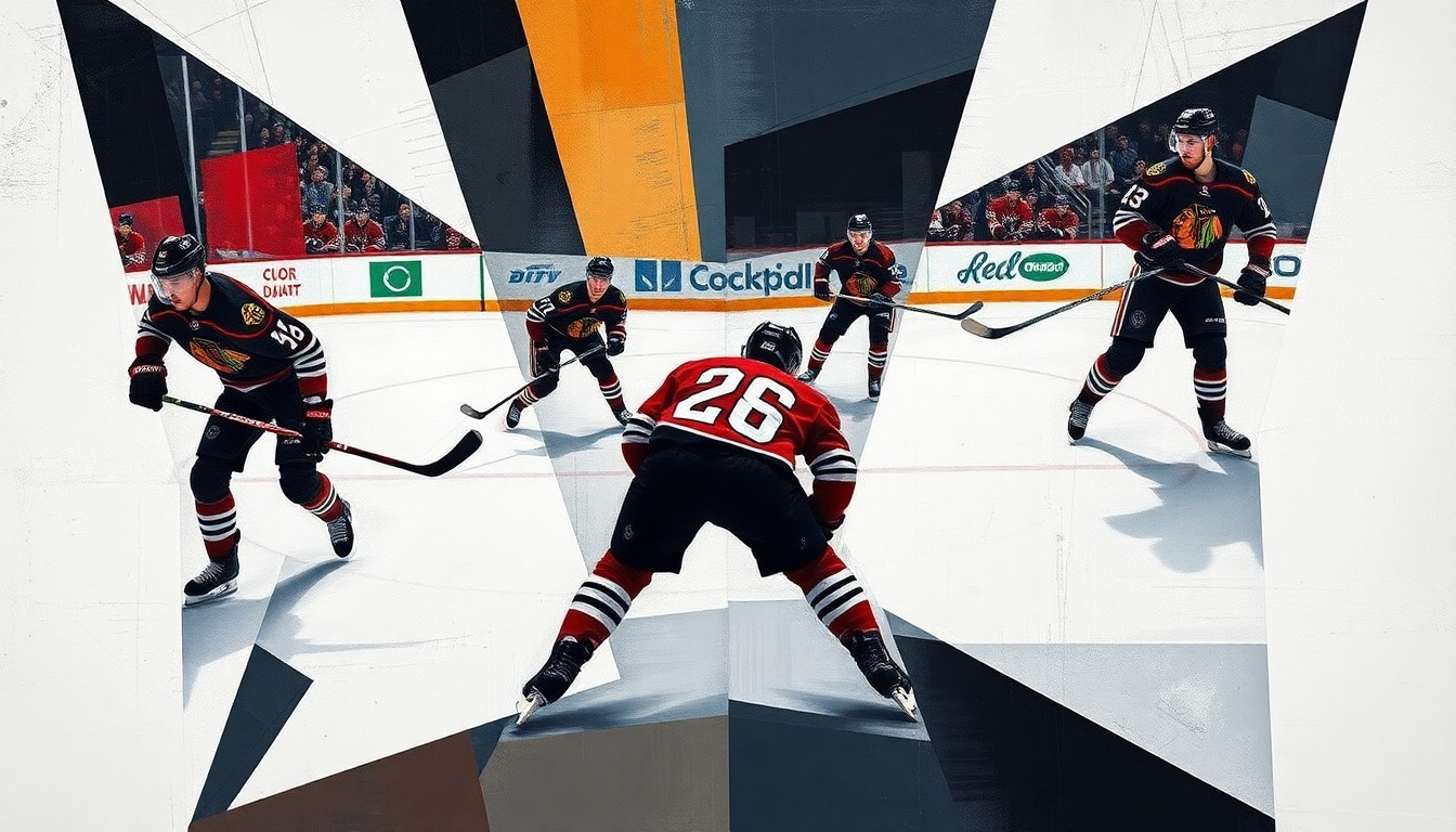 A cubist, geometric painting depicting a Blackhawks power-play sequence, with the players