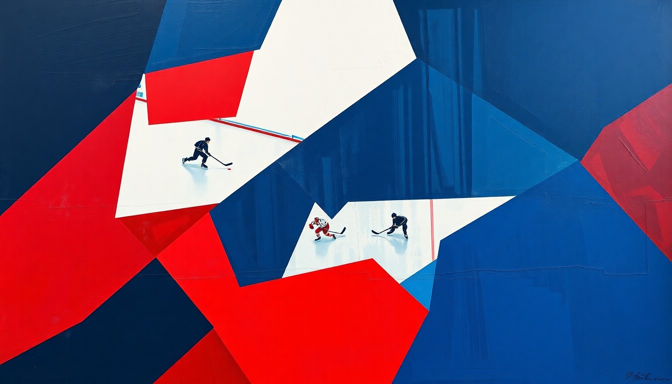 A cubist, geometric painting depicting a fragmented hockey game, with sharp, overlapping planes of navy blue, red, and white, conveying the fractured nature of sports broadcasting.
