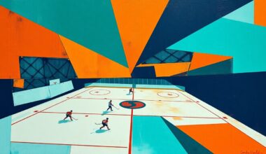 A fragmented, geometric painting depicting a hockey game or match, with sharp planes of teal, orange, and navy blue overlapping to create a dynamic, abstract composition that captures the energy and movement of the sport.
