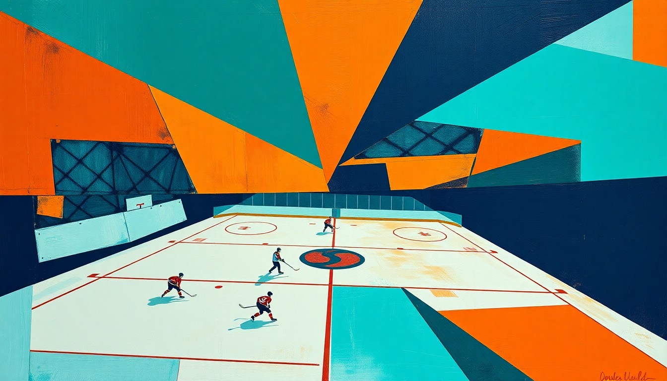 A fragmented, geometric painting depicting a hockey game or match, with sharp planes of teal, orange, and navy blue overlapping to create a dynamic, abstract composition that captures the energy and movement of the sport.