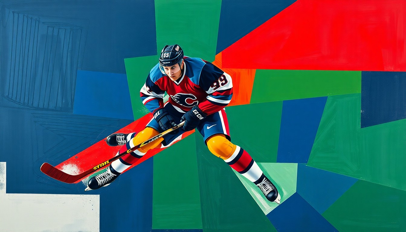 A cubist, geometric painting depicting a hockey player in mid-action, with their body and movements broken down into sharp, overlapping planes of navy, green, and red, capturing the dynamic energy of the sport.