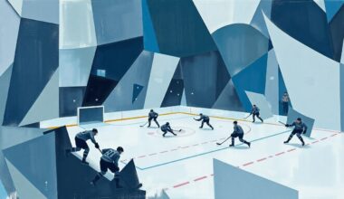 A fragmented, geometric painting depicting a hockey game broken down into sharp, overlapping planes of muted blues, greys, and whites, conveying the pressure and criticism young athletes like James Hagens must navigate in the Boston sports landscape.