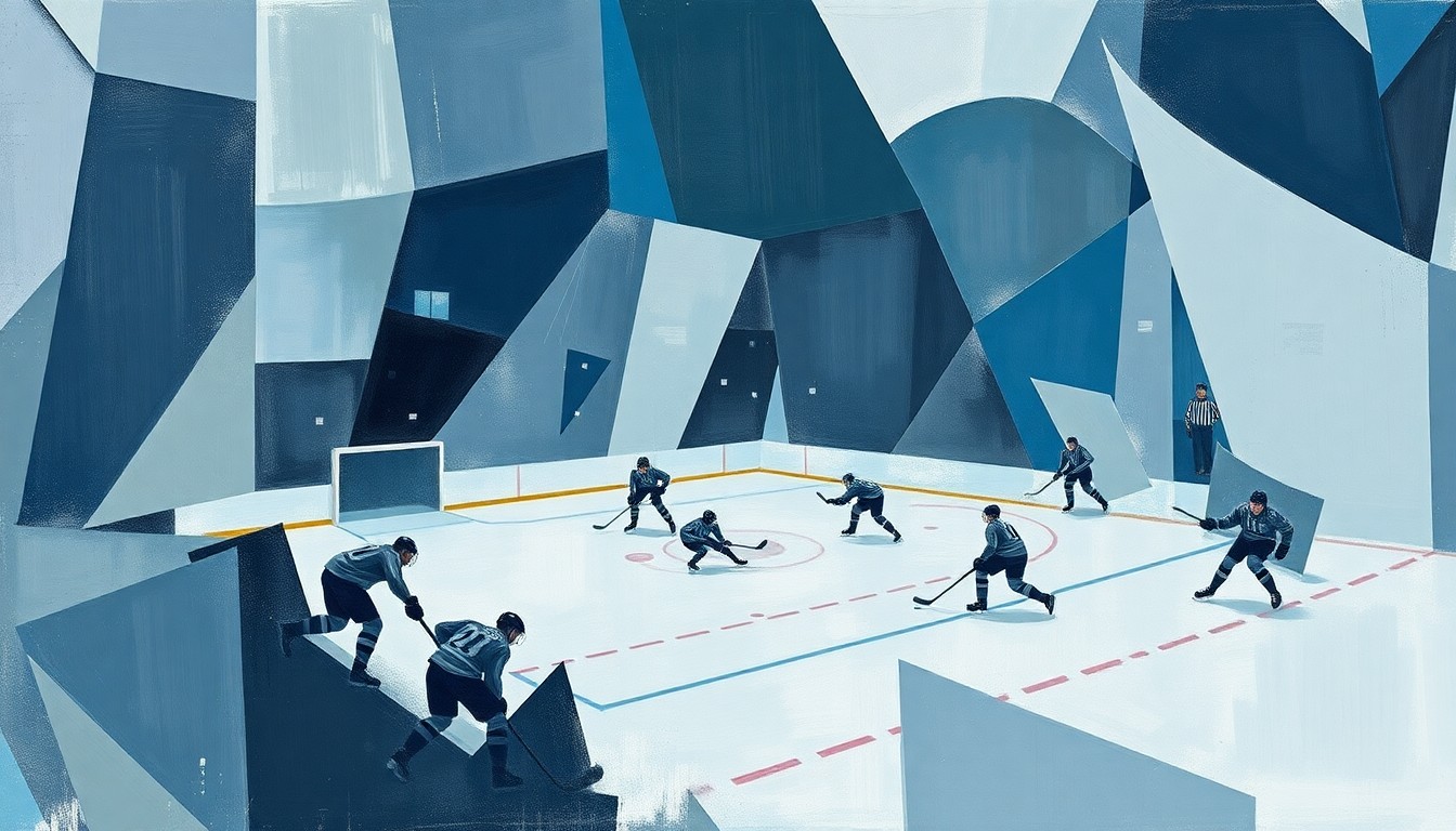 A fragmented, geometric painting depicting a hockey game broken down into sharp, overlapping planes of muted blues, greys, and whites, conveying the pressure and criticism young athletes like James Hagens must navigate in the Boston sports landscape.