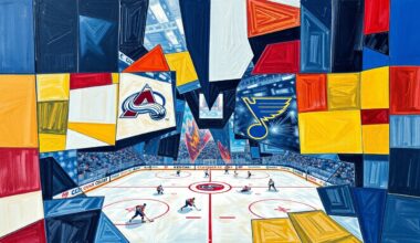 A cubist, geometric painting depicting a hockey game between the Colorado Avalanche and St. Louis Blues, with sharp, overlapping planes of color and form capturing the intensity and movement of the sport.