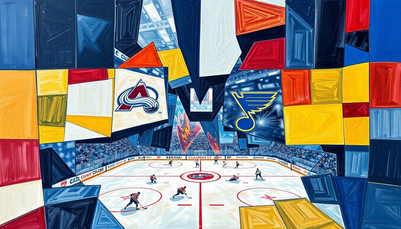 A cubist, geometric painting depicting a hockey game between the Colorado Avalanche and St. Louis Blues, with sharp, overlapping planes of color and form capturing the intensity and movement of the sport.