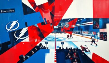 A cubist, geometric painting depicting a hockey game between the Tampa Bay Lightning and Montreal Canadiens, with sharp, overlapping planes of blue, red, and white capturing the intensity and energy of the matchup.