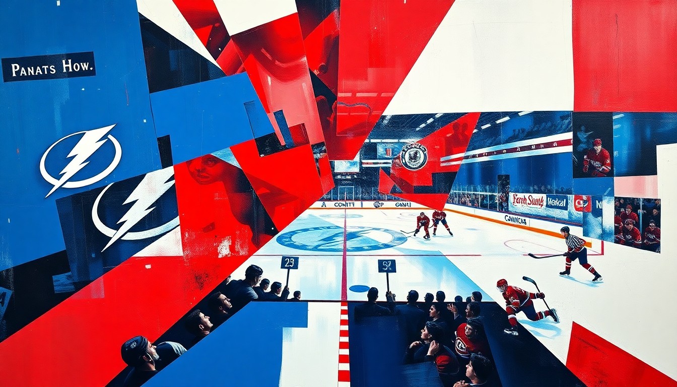 A cubist, geometric painting depicting a hockey game between the Tampa Bay Lightning and Montreal Canadiens, with sharp, overlapping planes of blue, red, and white capturing the intensity and energy of the matchup.