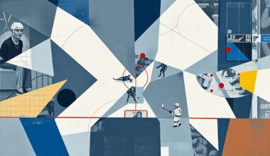 A cubist, geometric painting depicting a fragmented hockey game, with sharp, overlapping planes of muted blues, grays, and whites punctuated by pops of red and yellow, conveying the Flames