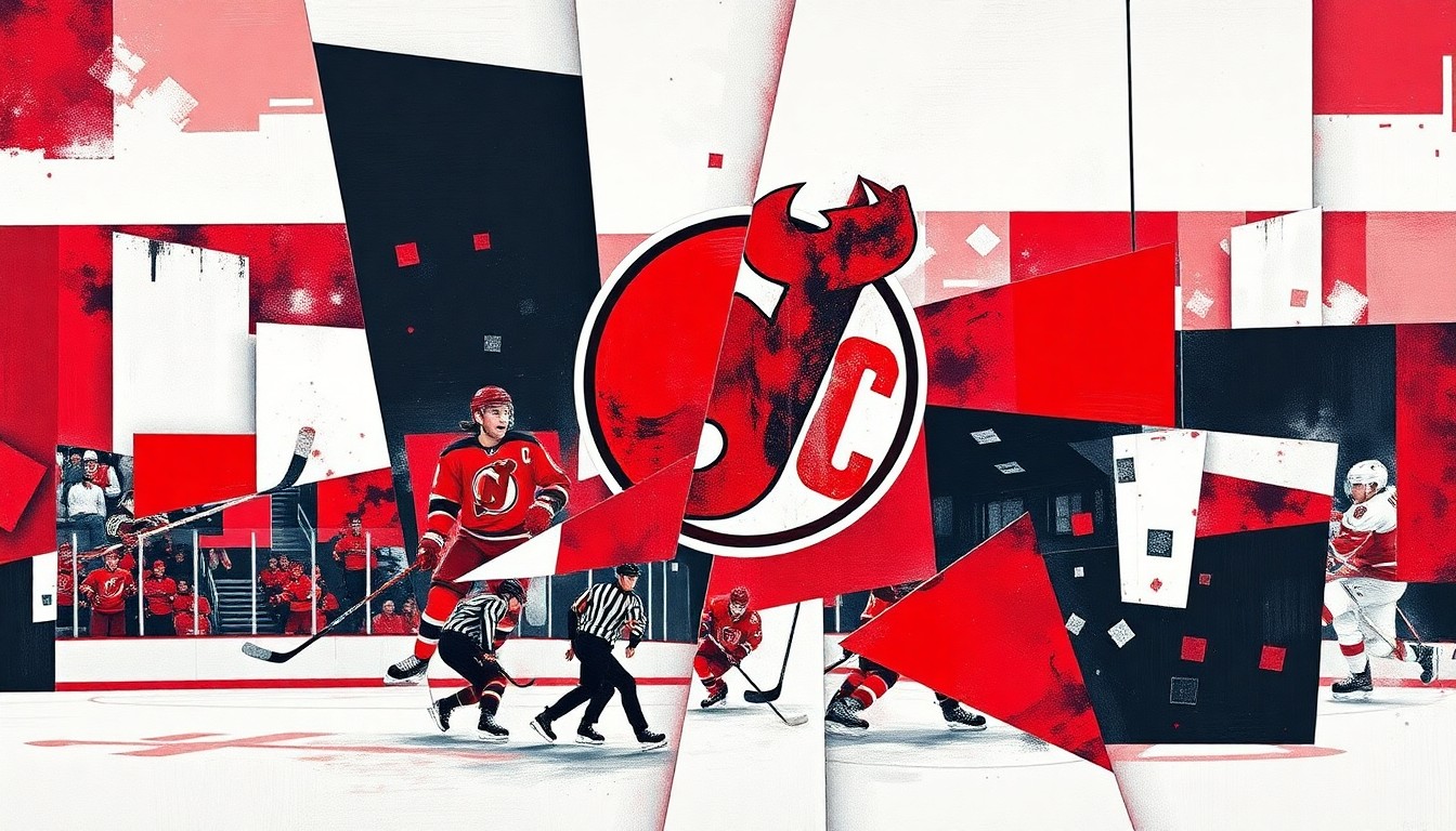 A cubist, geometric painting depicting a hockey game or match, with sharp, overlapping planes of red, black, and white representing the New Jersey Devils