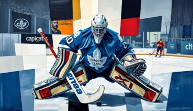 A fractured, geometric painting depicting a hockey goaltender making a save, with sharp planes of color and overlapping shapes representing the intensity and unpredictability of the sport.