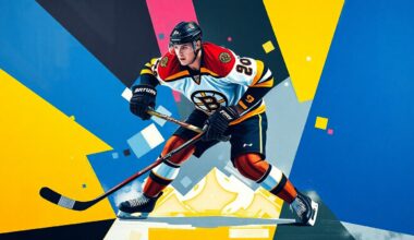 A cubist-style painting depicting a hockey player in mid-action, with their body broken down into sharp, overlapping geometric shapes in the team colors of the Boston Bruins and Boston College.
