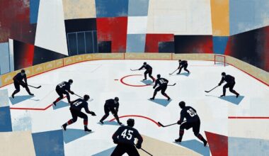A cubist, geometric painting depicting the fragmented elements of a hockey game, with sharp planes of ice, sticks, pucks, and shadowy player forms, conceptually representing a transitional moment for the Seattle Kraken organization.