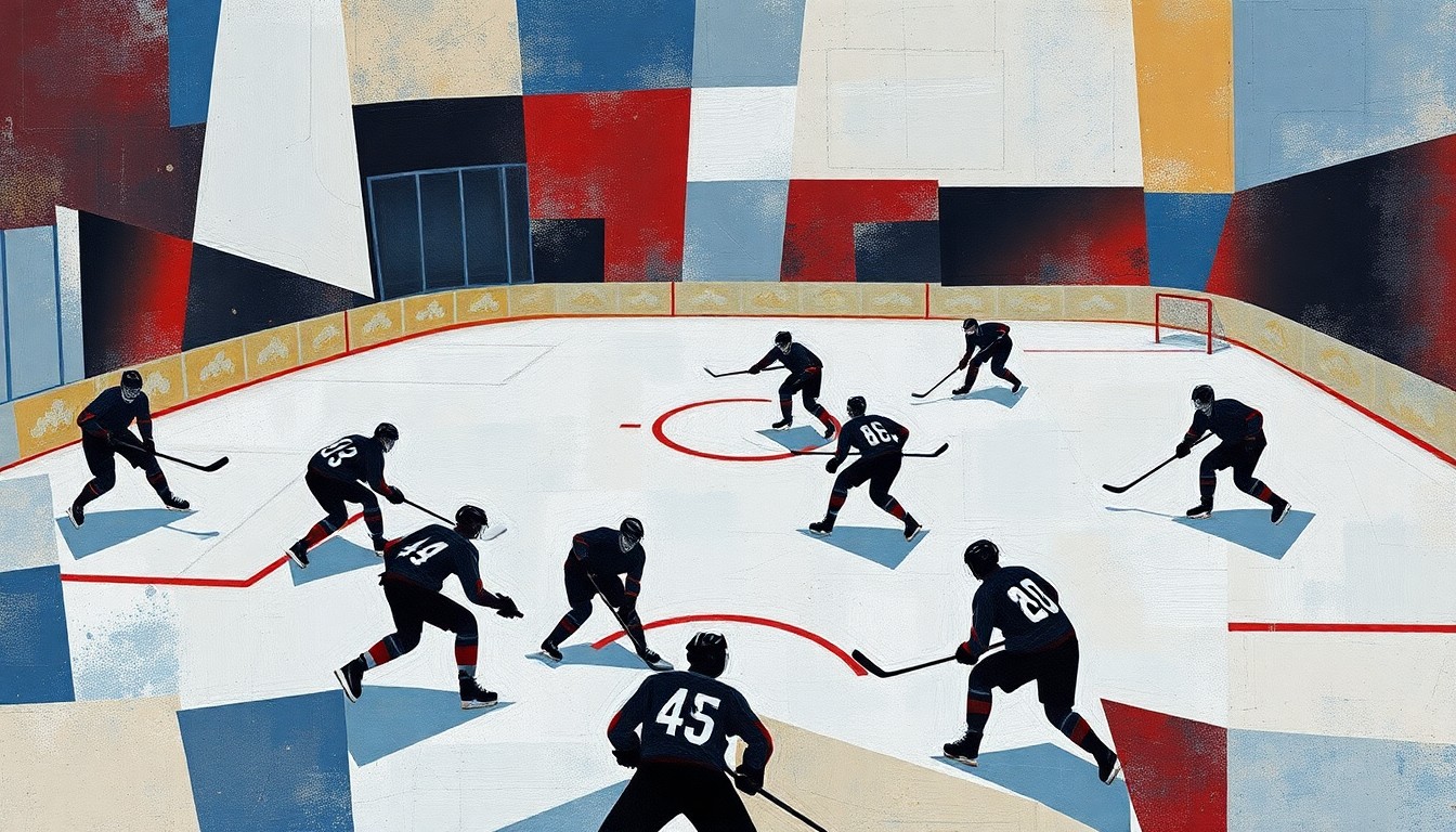 A cubist, geometric painting depicting the fragmented elements of a hockey game, with sharp planes of ice, sticks, pucks, and shadowy player forms, conceptually representing a transitional moment for the Seattle Kraken organization.