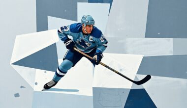 A fractured, cubist-style painting depicting the angular, geometric movements of a hockey defenseman, rendered in muted tones of blue, gray, and white to convey the strategic and analytical nature of the team