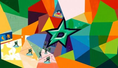 A cubist, geometric painting depicting a Dallas Stars hockey game, with sharp, overlapping planes of color representing the dynamic action on the ice and the team
