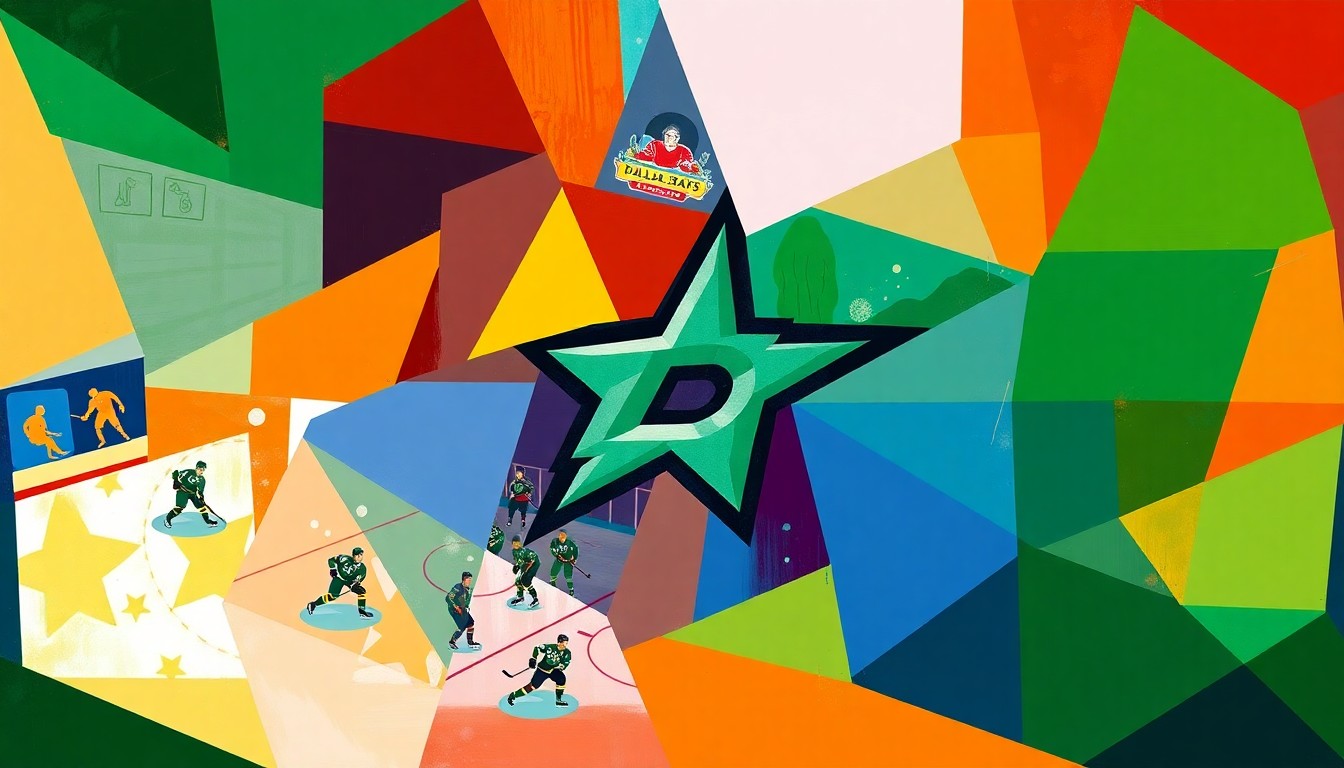 A cubist, geometric painting depicting a Dallas Stars hockey game, with sharp, overlapping planes of color representing the dynamic action on the ice and the team