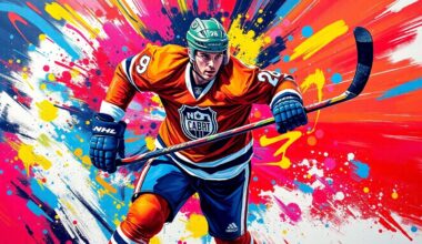 An abstract, energetic painting featuring bold, neon-colored brushstrokes that capture the dynamic motion and scoring ability of a professional hockey player in action.