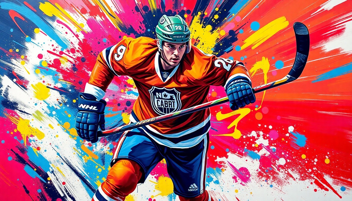 An abstract, energetic painting featuring bold, neon-colored brushstrokes that capture the dynamic motion and scoring ability of a professional hockey player in action.