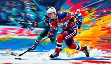 A vibrant, expressionist painting depicting the raw energy and speed of Connor McDavid as he powers through the Sharks