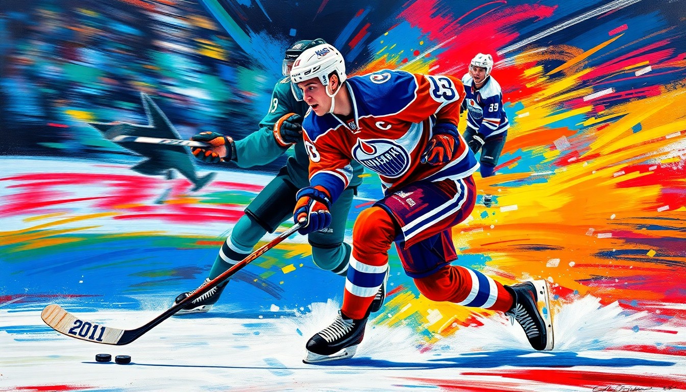 A vibrant, expressionist painting depicting the raw energy and speed of Connor McDavid as he powers through the Sharks