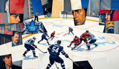 A fractured, multi-perspective painting in a cubist style, breaking down a hockey game between the Toronto Maple Leafs and Washington Capitals into sharp, overlapping geometric planes. The players