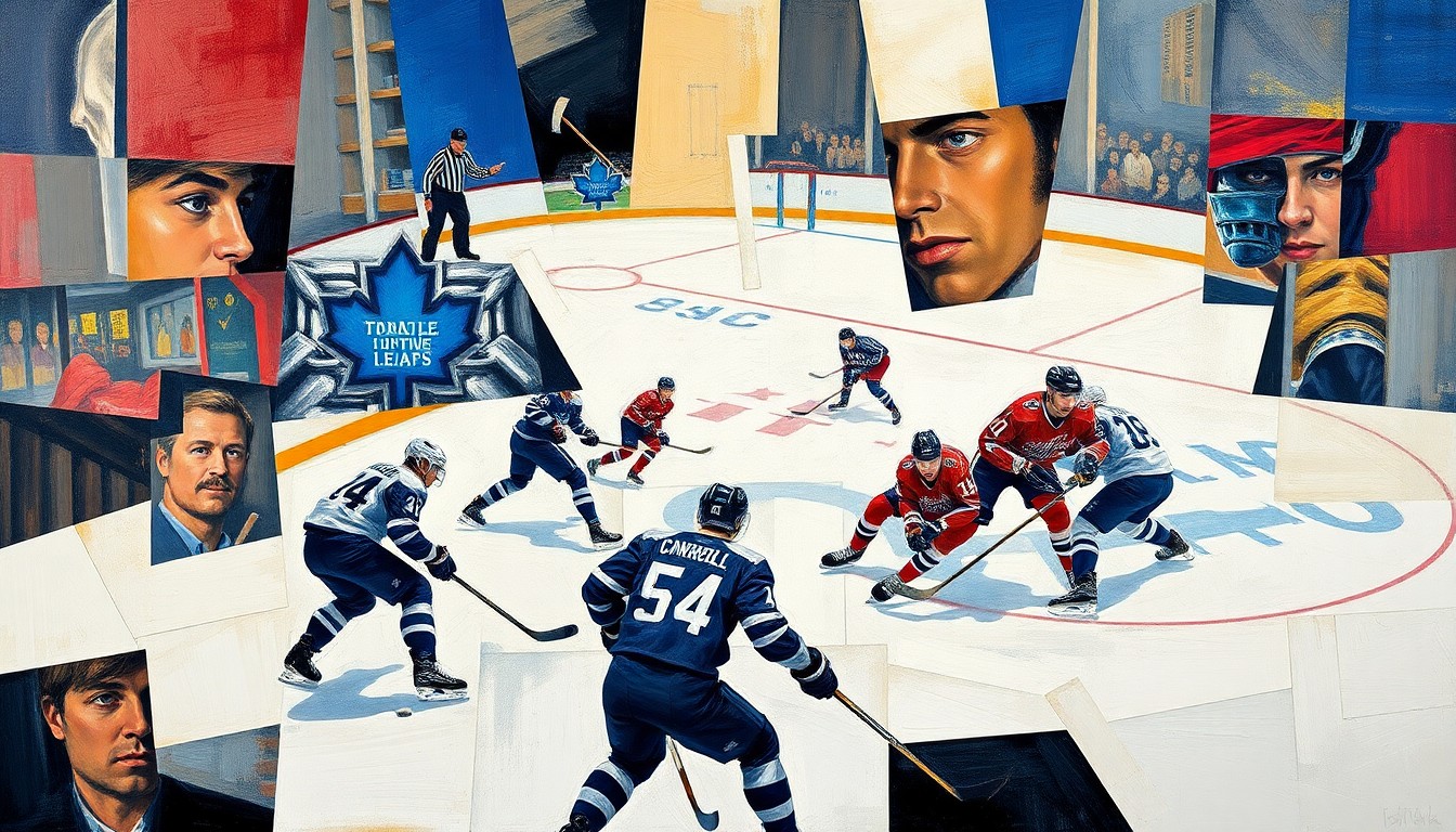 A fractured, multi-perspective painting in a cubist style, breaking down a hockey game between the Toronto Maple Leafs and Washington Capitals into sharp, overlapping geometric planes. The players