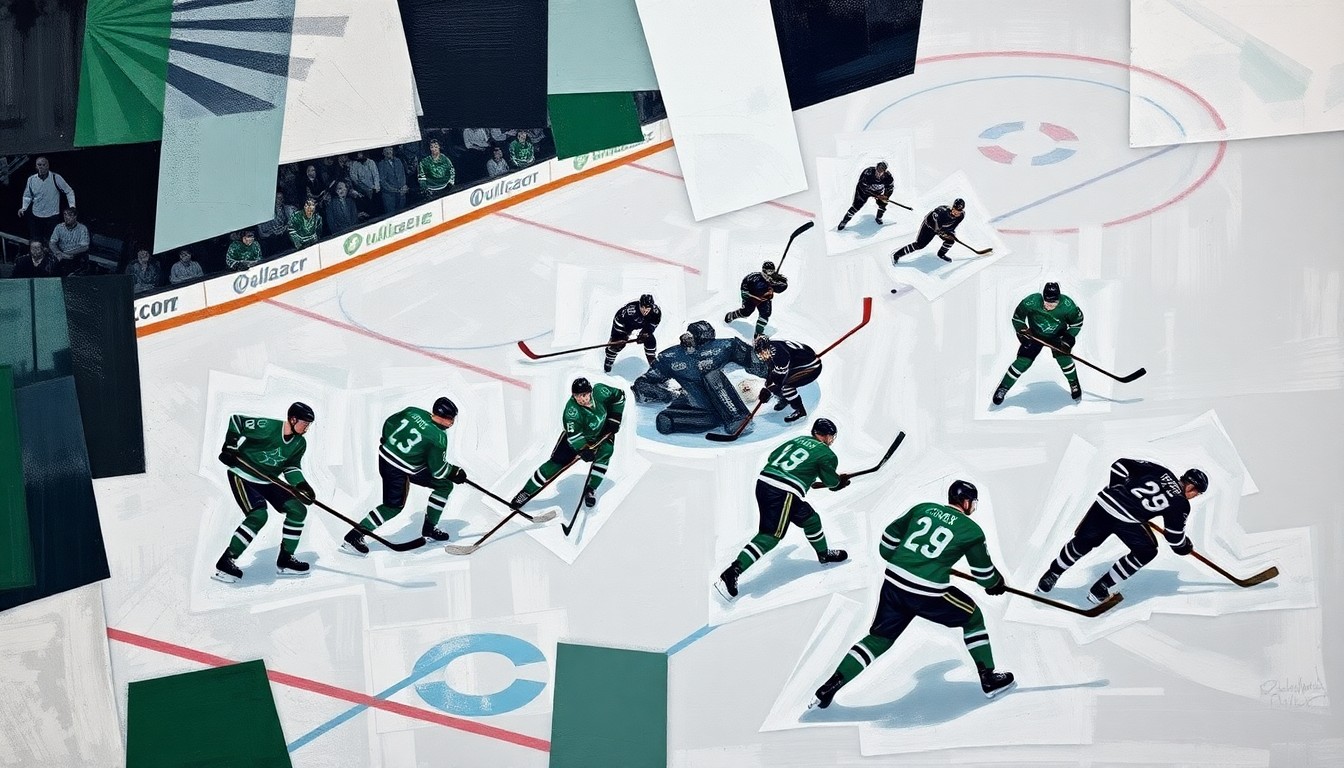 A cubist, geometric painting depicting the fragmented movements and perspectives of a Dallas Stars hockey game, with sharp planes of ice, sticks, pucks, and players