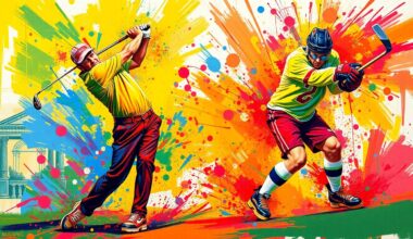 An abstract expressionist painting featuring vibrant neon brushstrokes capturing the dynamic motion of a golfer swinging a club and a hockey player shooting a puck, the figures blending into a colorful, energetic composition.