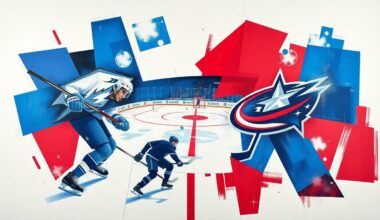 A cubist, geometric painting depicting a hockey game between the Buffalo Sabres and Columbus Blue Jackets, with the players and action broken down into overlapping, angular shapes in vibrant blues, reds, and whites.