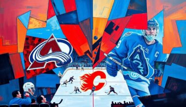 A fragmented, cubist-style painting depicting a hockey game, with the players and ice broken down into overlapping geometric shapes in shades of blue, red, and gold.