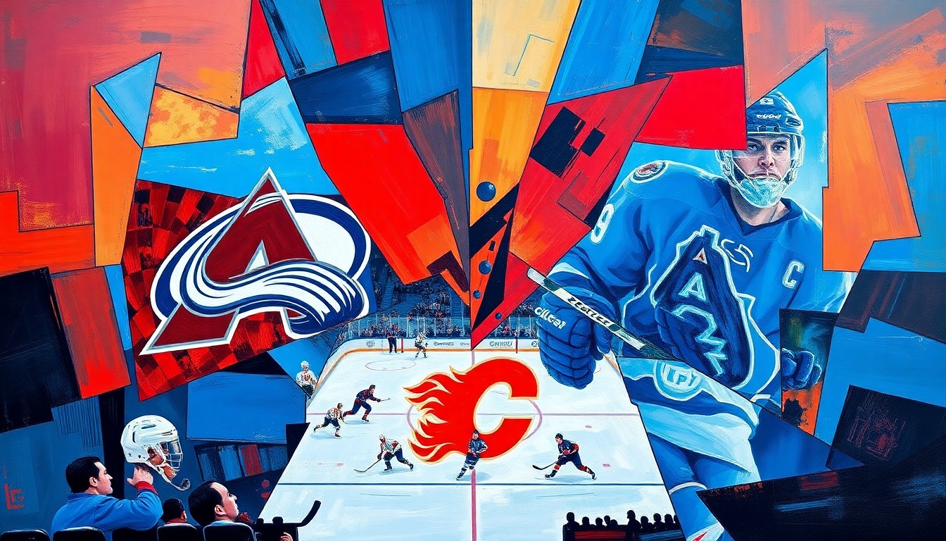 A fragmented, cubist-style painting depicting a hockey game, with the players and ice broken down into overlapping geometric shapes in shades of blue, red, and gold.
