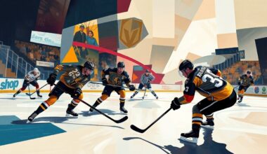 A fractured, multi-perspective painting depicting a hockey game between two teams, with the players and puck rendered in sharp, overlapping geometric shapes and planes, conveying the dynamic energy and high stakes of the matchup.