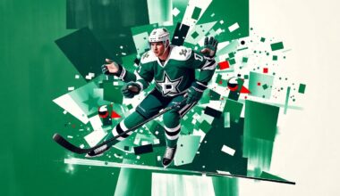 A fragmented, cubist-style painting depicting a hockey player in mid-motion, their body and stick broken down into overlapping geometric shapes and planes in the colors of the Dallas Stars, conveying the energy and intensity of the sport.