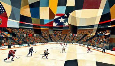 A cubist, geometric painting depicting the energy and movement of a hockey game, with players and the crowd represented through fragmented, overlapping shapes and planes in a vibrant color palette.